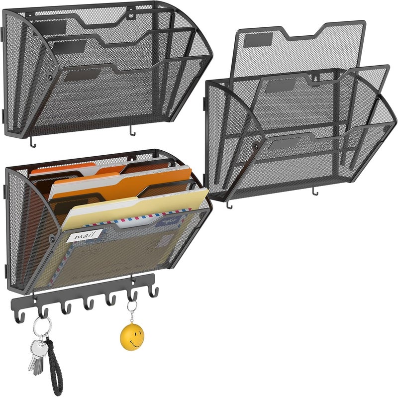 Docnest 3 Tier Mesh Wall File Holders with Hooks – 3 Pack Hanging Letter Holder - Document Organizer for Mail, Paper, Office, Home, School – Space-Saving Wall Mounted Folder Holder – Black - Image 1